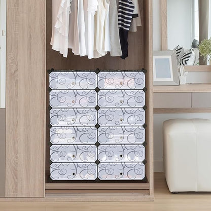 COSTWAY Shoe Rack Organizer, 6 Tier Shoe Shelves with Covers, DIY Design, 24-Pair Stackable Cube Organizer Boxes, Freestanding Shoe Cabinet for Entryway Bedroom Closet Hallway (Black)