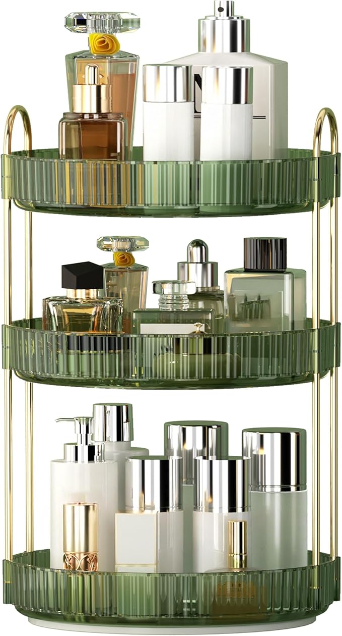 YCIA&DONE 360 Rotating Makeup Organizer and Storage for Vanity Countertop 3 Tiers, High Capacity Cosmetic Skincare Perfume Organizers for Dresser Bathroom Lazy Susan (Vintage Green)
