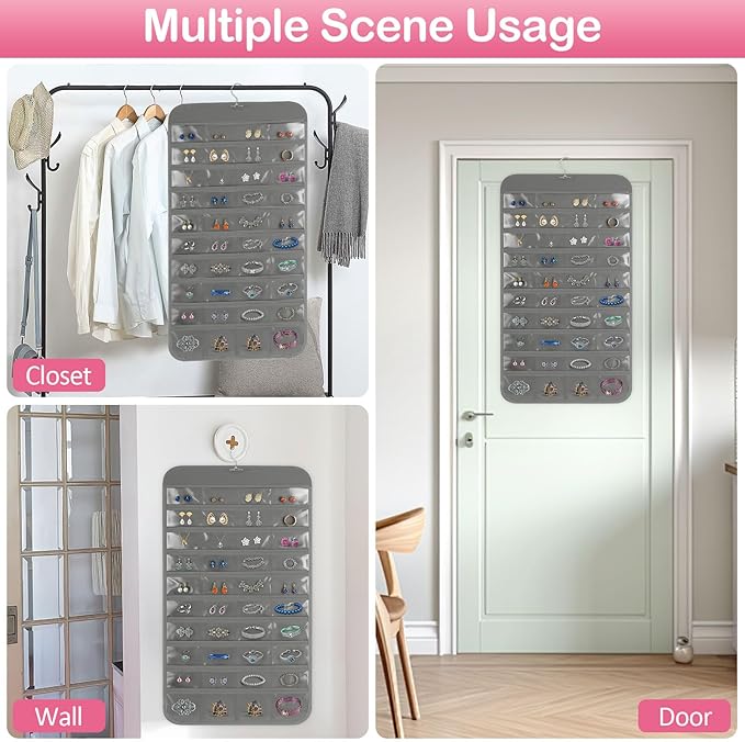 3 Pack Hanging Jewelry Organizer, 80 Clear Pockets earring organizer and storage, Accessories holder organizer for Closet, Jewelries, Necklace, Travel