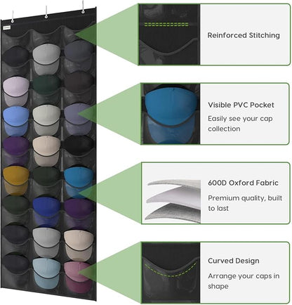 Baseball Hat Rack, 27 Pocket Over-The-Door Hat Organizer with Clear Deep Pockets to Display Baseball Caps Collection, Complete with 3 Over Door Hooks (Black, 27 Pockets)