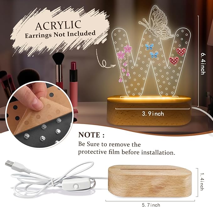 COSHAYSOO Earring Holder Organizer for Women Teen Girls with Butterfly Decorations LED Night Light USB Plug In, Initial Letter Earring Rack Vanity Dresser Dressing Table Bedroom Room Decor Letter W