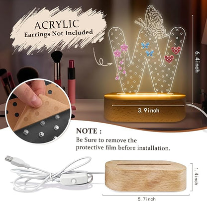 COSHAYSOO Earring Holder Organizer for Women Teen Girls with Butterfly Decorations LED Night Light USB Plug In, Initial Letter Earring Rack Vanity Dresser Dressing Table Bedroom Room Decor Letter W