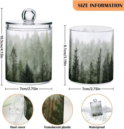Qilmy Pine Trees Qtip Holder 2 Pack, 14 oz Apothecary Jars Bathroom Vanity Organizer Canister for Qtips, Cotton Swabs, Cotton Balls, Cosmetic Pads, Flossers, Bath Salts
