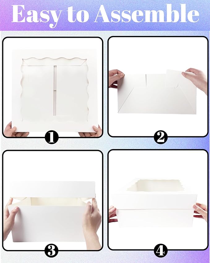 qiqee White 10x10x8 Cake Box, 4 Sets Cake Box with Window ＆ 4 Sets 10" Cake Round Boards, 10inch Cake Containers, 10 Meters Pink Silk Ribbon Includes