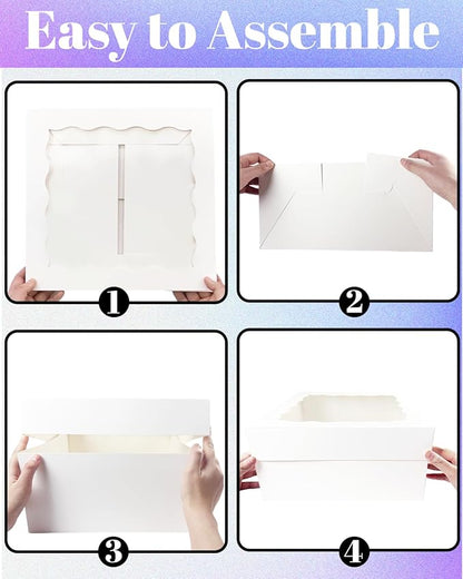 qiqee White 10x10x8 Cake Box, 4 Sets Cake Box with Window ＆ 4 Sets 10" Cake Round Boards, 10inch Cake Containers, 10 Meters Pink Silk Ribbon Includes