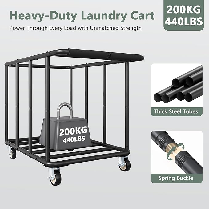 FAVOOSTY 470L Heavy Duty Commercial Laundry Cart with Wheels,Industrial Rolling Laundry Hamper, Extra Large Laundry Basket, Metal Frame for Hotel/Hospital/Home, 440lbs (Black)