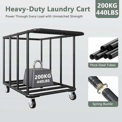 FAVOOSTY 470L Heavy Duty Commercial Laundry Cart with Wheels,Industrial Rolling Laundry Hamper, Extra Large Laundry Basket, Metal Frame for Hotel/Hospital/Home, 440lbs (Black)