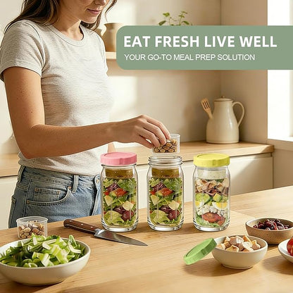 6 Pack Glass Salad Jars with Dressing Cups for Meal Prep, 32oz Leakproof Mason Jars Container with 2 Built-in Compartments for Wet/Dry Separation, Portable Salad Pod for Lunch (6)