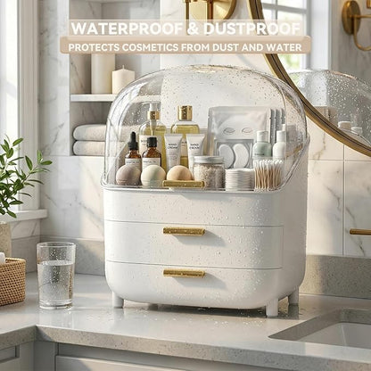 novelinks 3-Tier Skincare Makeup Organizer with Drawers and Dustproof Lid, Large Capacity Vanity Cosmetic Storage Box for Perfume, Lotion, Makeup Brushes & Beauty Accessories