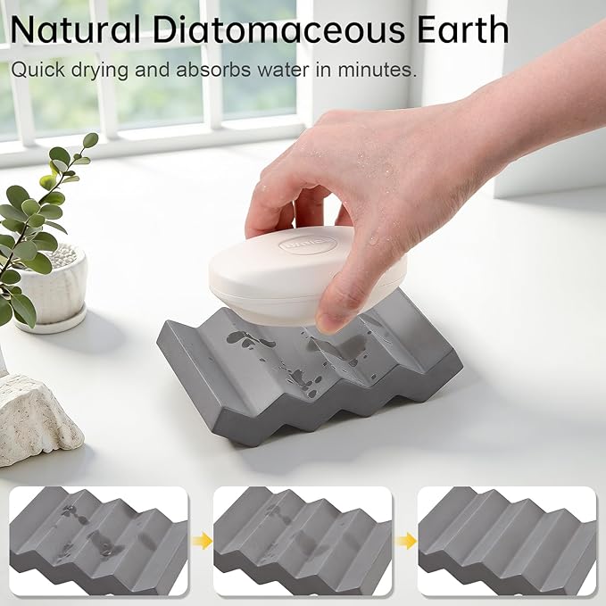 Self Draining Bar Soap Holder Diatomite Soap Dish Fast Drying Soap Saver Small Sponge Caddy for Shower, Bathroom, Kitchen Sink, Dark Grey