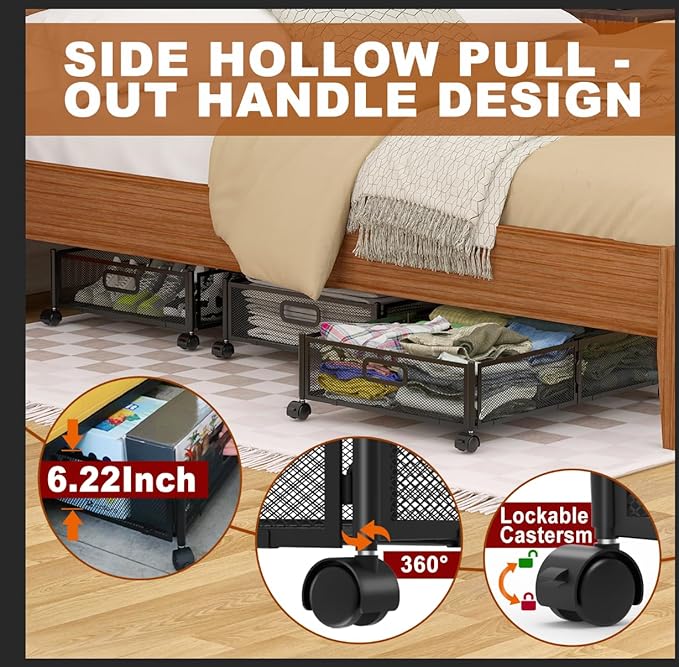 Under Bed Storage Containers,2 Pack Foldable Underbed Storage Containers with Handles and Wheels,Folding Bed Shoes Clothes Organizer,Easy Assembly Underbed Storage for Toy ,Bedding,Bedroom(Black)