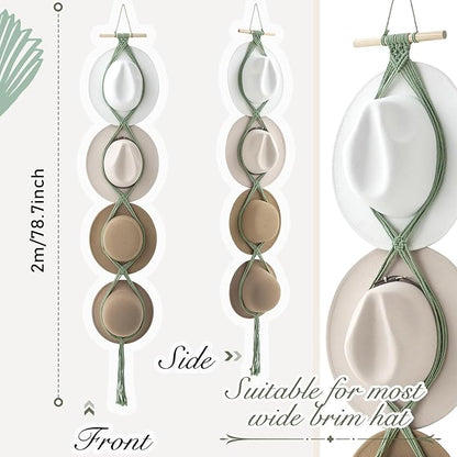 Yulejo Macrame Hat Hangers Boho Hat Rack Cowboy Hat Hanger Back of Door Hat Organizer (Sage Green,Four Hats Style)