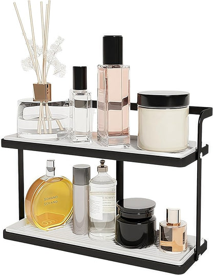 Bathroom Countertop Organizer for Small Spaces, 2-Tier Makeup Shelf with Vanity Tray, Tool-Less Installation Skincare & Perfume Organizer, Non-Slip Design for Dresser（White&Black） (Black)
