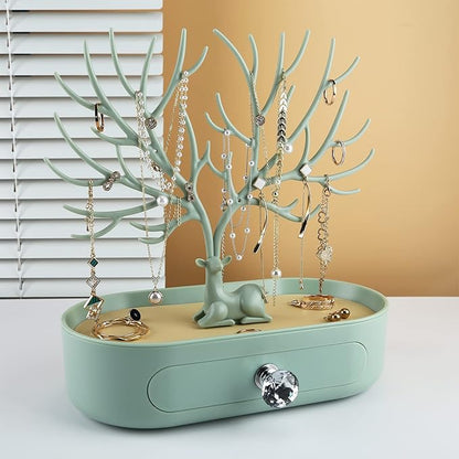 MORE&LESS Antlers Jewelry Display Stand with Drawer and Crystal Handle, Tree Tower Rack Hanging Organizer for Ring Earrings Necklace Bracelet