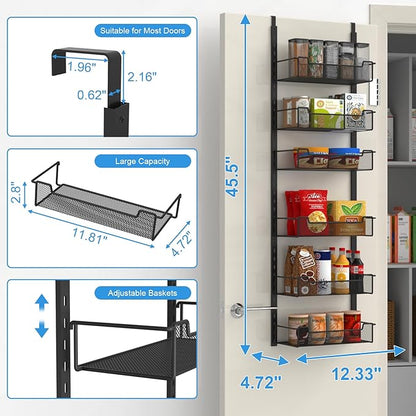 VyGrow 12.3" W Narrow Over the Door Pantry Organizer, 6-Tier Over the Door Organizer with Adjustable Basket, Pantry Door Organization for Pantry Kitchen Storage Room Spice Rack, Black