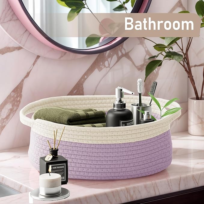 JMvicyroam Woven Basket,Small Rope Storage Bin with Handles & Ribbon Bag, Organizer for Shelves Closets,Gift Basket Empty for Birthday,Books,Dog Toys, White&Purple/3 Pack