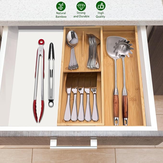 guiogc Bamboo Kitchen Drawer Organizer, Silverware Organizer Expandable Utensil Holder with Removable Knife Block, Cutlery Tray with Drawer Dividers for Kitchen Utensils and Flatware