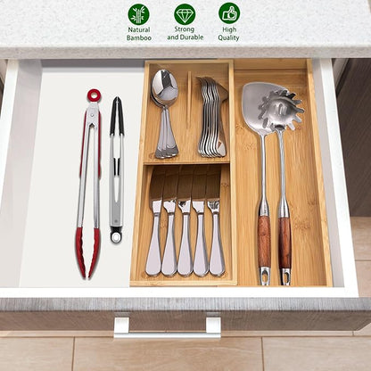 guiogc Bamboo Kitchen Drawer Organizer, Silverware Organizer Expandable Utensil Holder with Removable Knife Block, Cutlery Tray with Drawer Dividers for Kitchen Utensils and Flatware