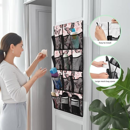 Pink Door Hanging Shoe Organizer 12 Pockets Over The Door Closet Organizer Space Saving Butterfly Wall Hanging Storage for Office