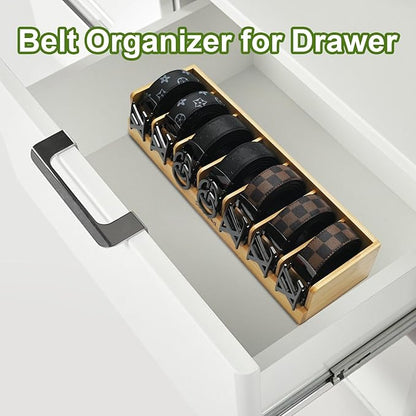 Belt Organizer, 7 Compartments Belt Organizer for Closet and Drawer, Belt Holder Case for Tie and Belt, Bamboo Storage Box for Men and Women (Wooden, 7)