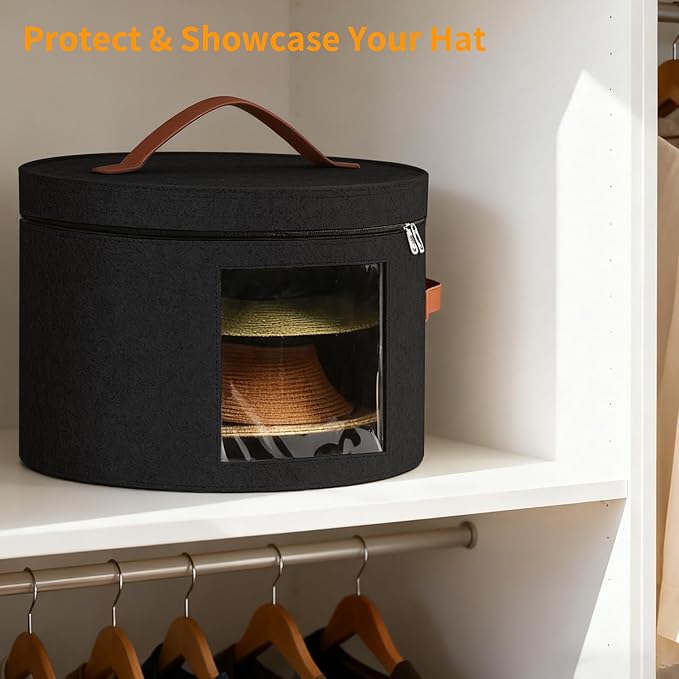 Samplife Hat Box,Hat Storage Box,Stackable Round Brim Hats Organizer Bag Container for Closet,Travel Hat Boxes for Women, Cowboy Hat Organizer, FoldableTravel Cap Boxes (02-Black, 16.5" D x 10.5" H)