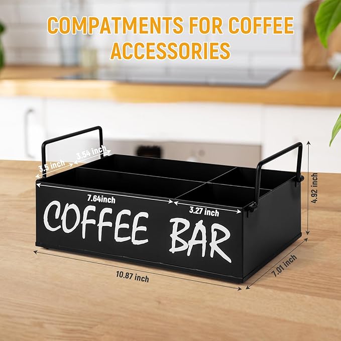 Coffee Station Organizer with Handles, Metal Coffee Bar Accessories Organizer for Countertop, Pod Holder Basket for Sugar Tea - Black Table Decor