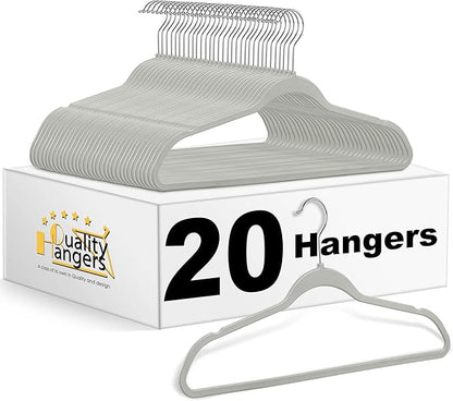 Quality Hangers 20 Pack Plastic Hangers for Clothes - Slim Non-Velvet Hangers with 360° Swivel Chrome Hook & Non Slip Notches - Ideal for Dresses Coats Shirts Jackets & More - Gray