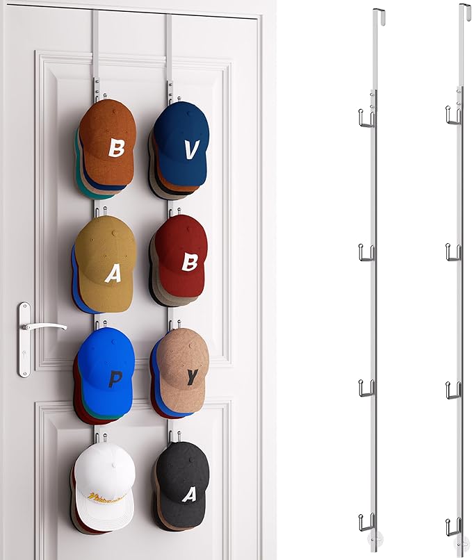 HapiRm Over Door Hat Rack - 2 Packs Hat Organizer with 8 Hooks Design, Hanging Baseball Cap Organizer Storage Holds Up to 40 Caps for Door, Bedroom, Closet (Sliver)