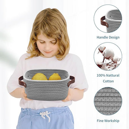 ABenkle Small Storage Basket, Mini Baskets with Handle, Cute Cotton Woven Baskets for Shelves, Boho Decorative Toy Storage Bin for Nursery, Spa, Empty Gift Basket - XS, Grey