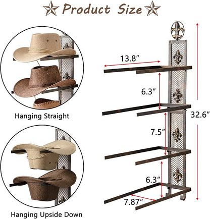 Cowboy Hat Rack for Wall, Metal Fleur-De-Lis Cowboy Hat Holder for 4 Hats, Vertical Western Hat Rack Wall Mount, Rustic Fold-Up Wall Hanging Decorative Hat Racks, 13.8”W x 32.6”H