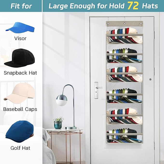 AOODA Clear Over the Door Hat Racks for Baseball Caps, Large Holds up to 72 Caps Hat Storage Organizer for Closet Wall, Deep Pockets Hanging Snapback Holder Shelves with 3 Hooks, Grey