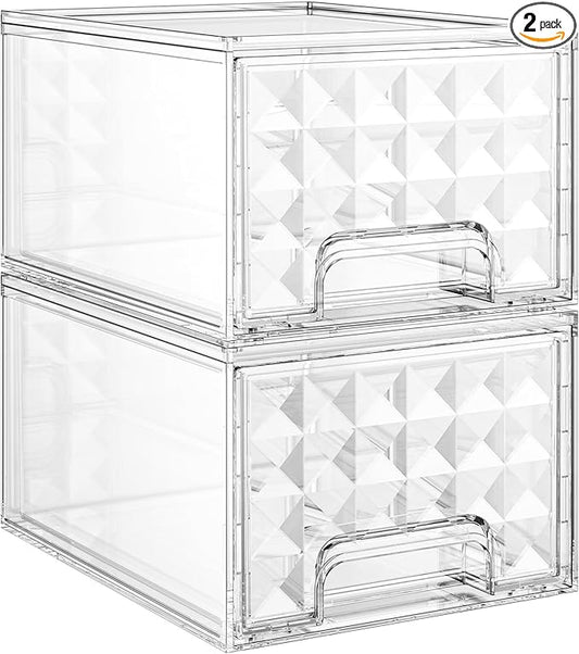 Delamu 2 Pack Stackable Storage Drawers, Makeup Skincare Holder Vanity Storage Organizer, Plastic Drawers For Vanity Desk, Undersink, Kitchen Cabinet, Pantry, Clear, Ideal Gifts for Women