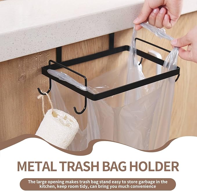 Cyrank Metal Trash Bag Holder, Trash Bag Holder for Cabinet Door Plastic Over The Cabinet Door Under Sink Garbage Hanging Rubbish for Kitchen, Office, Dorm(black)