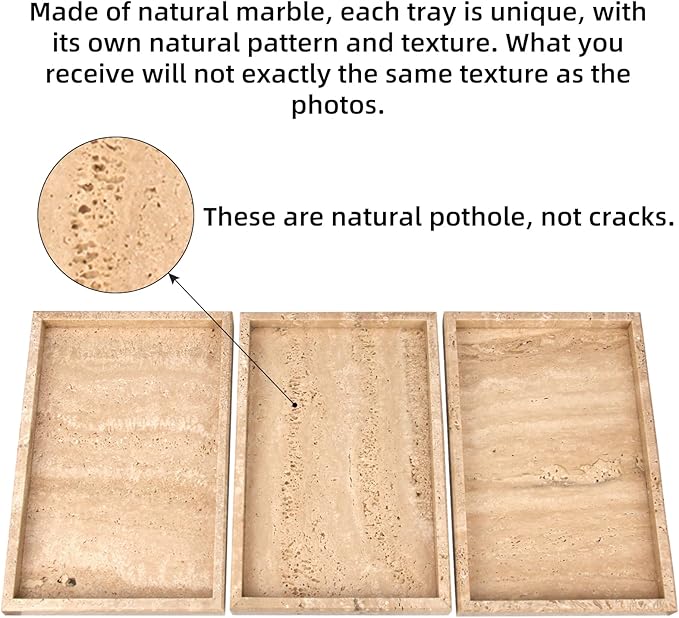 Marble Bathroom Vanity Tray, Natural Luxury Vanity Home Kitchen Bathroom Table Tray, Stone Decorative Countertop Dresser Trays for Key Coffee Perfume Jewelry Makeup (Travertine, 12"x 8" x1.2")