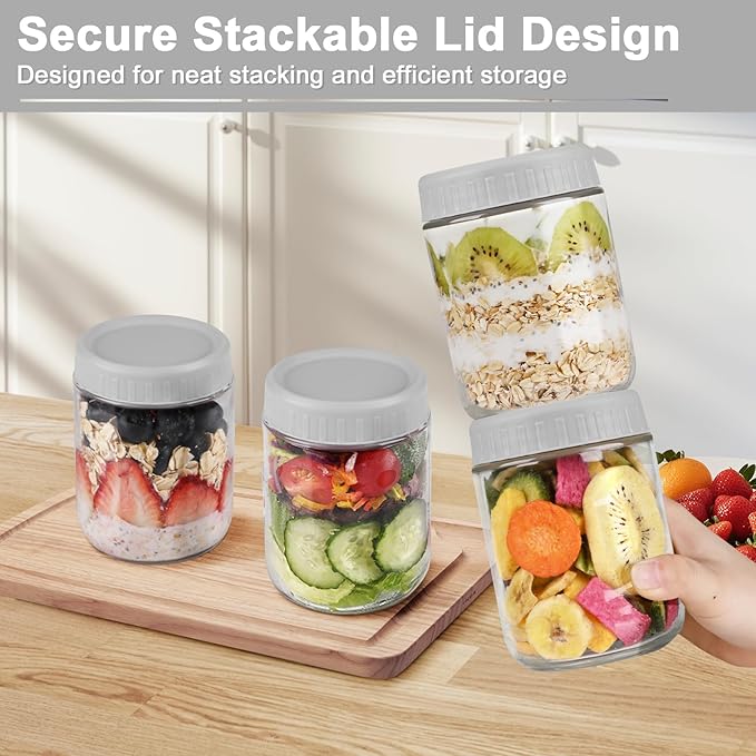 Overnight Oats Containers with Lids, 16oz Wide Mouth Mason Jars with Lids, 6 Pack Glass Jars with Airtight lid for Chia Pudding Yogurt Salad, Meal Prer Oatmeal Jars, Gray