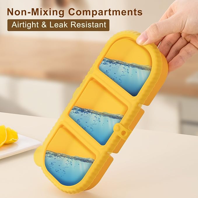 2 Pack Silicone Snack Containers, 3-Compartment Snackle Box with Leak Proof Lids, Reusable Small Divided Food Storage for Kids Lunch, School Travel Adults