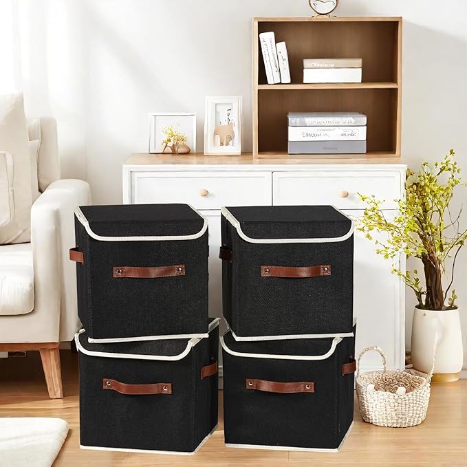 4PCS Storage Cubes with Lid Fabric Storage Bins Boxes PU Leather Handles Cotton Linen Closet Organizer Container Decorative Foldable Washable Shelf Cloth Basket (Flip-top Lid, Black, 11in)