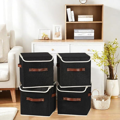 2PCS Storage Cubes with Lid Fabric Storage Bins Boxes PU Leather Handles Cotton Linen Closet Organizer Container Decorative Foldable Washable Shelf Cloth Basket (Flip-top Lid, Black, 11in)