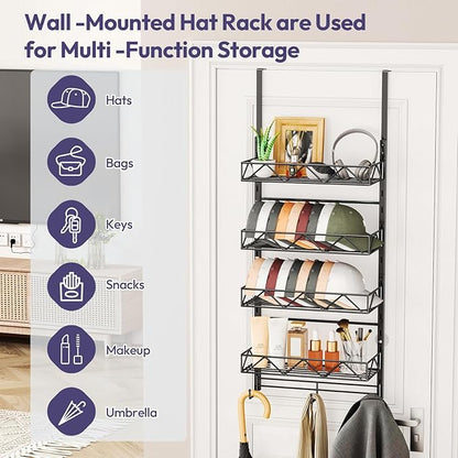 SWTYMIKI Over Door Hat Organizer - 5 Tier Wall Mounted Hat Rack with 4 Adjustable Metal Basket and 3 Hooks, Hanging Baseball Cap Organizer Storage Holds up to 49 Caps for Door, Bedroom, Closet
