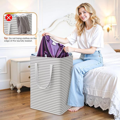 3 Pack Laundry Basket, Waterproof & Freestanding Large Laundry Hamper, Collapsible Clothes Hampers with Easy Carry Long & Reinforced Handles in Bedroom Bathroom, College Dorm(75Lx3, Gray)