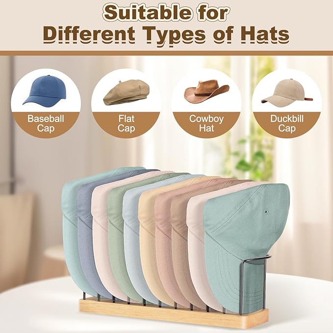 Hat Organizer for Baseball Caps, Wooden Tabletop Hat Rack Holder for 10 Hats Hat Display Stand for Closet Organizers and Storage Natural 2 Pack