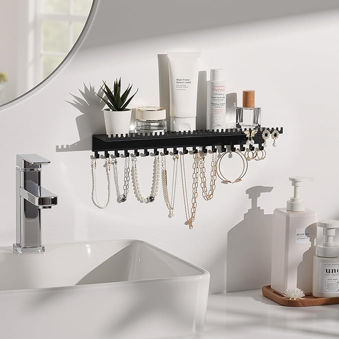 Necklace Holder Wall Hanging Organizer: Wall Mounted Jewelry Shelf with 56 Hooks and Tray, Display Hanger for Kids, Girls and Women, Black & Metal
