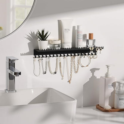 Necklace Holder Wall Hanging Organizer: Wall Mounted Jewelry Shelf with 56 Hooks and Tray, Display Hanger for Kids, Girls and Women, Black & Metal