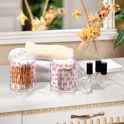 ALAZA 4pcs Cute Bow White Qtip Holder Dispenser 14 oz Bathroom Storage Clear Apothecary Jars Containers Cotton Ball,Cotton Rounds,Floss Picks, Hair Clips, Food