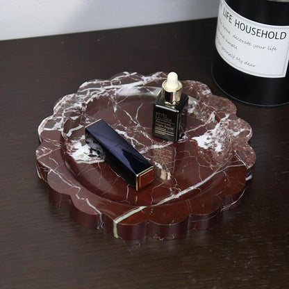 Round Marble Decorative Tray with Scalloped Edge, Luxury Natural Stone Bathroom Vanity Tray, Dresser Top Perfume Coffee Home Kitchen Sink Tray, Key Trinket Ring