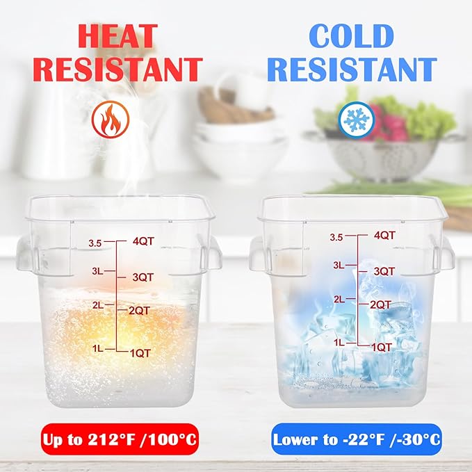 4 Pack 4QT Food Storage Containers with Red Lids, Clear Square Restaurant Commercial Food Storage Containers with Handle and Scale, Marinating Container Dough Rising Bucket for Home & Dining