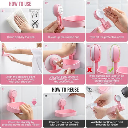 TAILI Soap Holder Soap Dish for Shower, Suction Cup Soap Holder for Shower Wall, Bathroom Accessories, Removable Strong Hold Soap Saver, Drill Free, Pink 2 Set