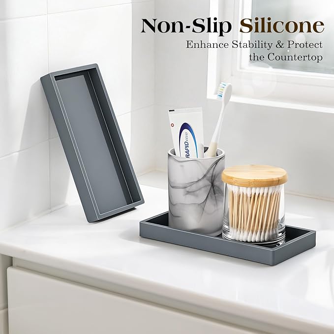 Luxspire Bathroom Vanity Tray, 7.9 x 4 Silicone Kitchen Counter Tray for Soap Dispenser, Bathroom Countertop Organizer for Perfume Soap Towel Bathroom Accessories, 2 Packs, Dark Gray