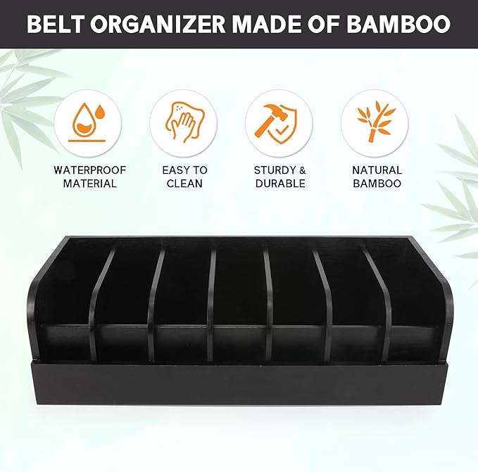Belt Organizer, 7 Compartments Storage & Display Box for Closet Drawer, Holder Case for Ties and Belts, Bamboo Storage for Men Women (Black)
