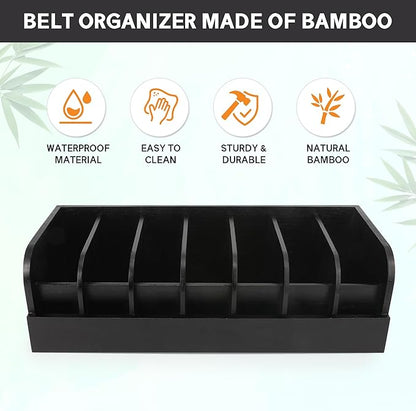 Belt Organizer, 7 Compartments Storage & Display Box for Closet Drawer, Holder Case for Ties and Belts, Bamboo Storage for Men Women (Black)